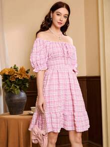 SHEIN MOD Vestido con estampado de cuadros de hombros descubiertos bajo con fruncido - Rosa - Ver 1