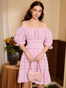 SHEIN MOD Vestido con estampado de cuadros de hombros descubiertos bajo con fruncido - Rosa - Ver 5