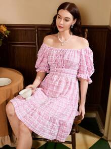 SHEIN MOD Vestido con estampado de cuadros de hombros descubiertos bajo con fruncido - Rosa - Ver 7