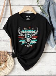 INAWLY 花卉印花 T 恤 图案 T 恤 女式上衣 - 黑色 - 查看 3