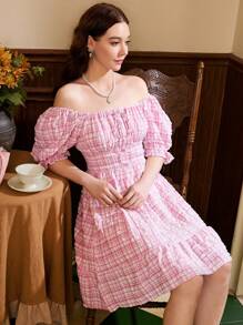SHEIN MOD Vestido con estampado de cuadros de hombros descubiertos bajo con fruncido - Rosa - Ver 8