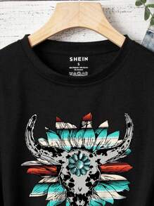 INAWLY 花卉印花 T 恤 图案 T 恤 女式上衣 - 黑色 - 查看 4