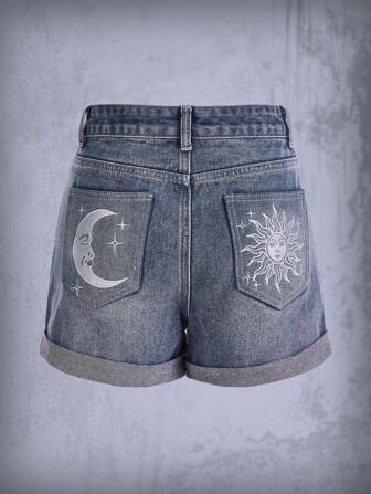 Goth Sun & Moon Roll Up Hem Denim Shorts