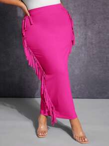 SHEIN SXY Plus Fringe Trim Pencil Skirt - Hot Pink - View 1