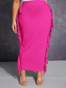 SHEIN SXY Plus Fringe Trim Pencil Skirt - Hot Pink - View 3