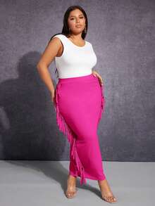 SHEIN SXY Plus Fringe Trim Pencil Skirt - Hot Pink - View 4