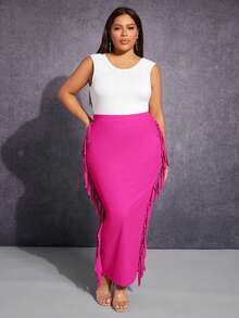 SHEIN SXY Plus Fringe Trim Pencil Skirt - Hot Pink - View 5