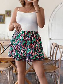 Calvaya Plus Allover Print Ruffle Trim Shorts - Navy Blue - View 7