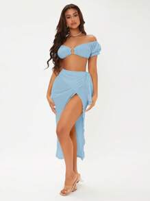 SHEIN SXY 一字肩環鏈短款上衣&圍裹側打結半身裙 - 淺藍色 - 查看 5