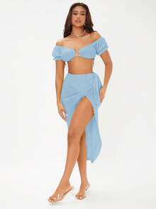 SHEIN SXY 一字肩環鏈短款上衣&圍裹側打結半身裙 - 淺藍色 - 查看 3