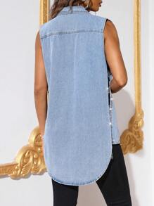 SHEIN Flap Pocket Split Hem Denim Vest Jacket - Light Wash - View 3
