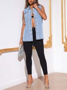SHEIN Flap Pocket Split Hem Denim Vest Jacket - Light Wash - View 5