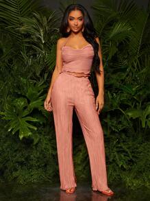SHEIN SXY Lettuce Trim Halter Top & Flare Leg Trousers - Coral Pink - View 3