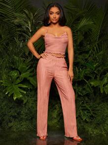 SHEIN SXY Lettuce Trim Halter Top & Flare Leg Trousers - Coral Pink - View 4