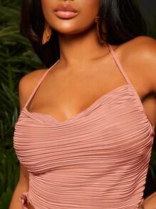SHEIN SXY Lettuce Trim Halter Top & Flare Leg Trousers - Coral Pink - View 5