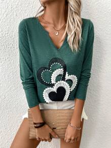 SHEIN LUNE 愛心圖案缺口領T恤 - 綠色 - 查看 5