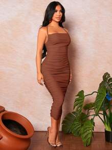 SHEIN SXY Prom Dress;Summer;Solid Ruched Criss Cross Backless Bodycon Dress - Coffee Brown - View 5