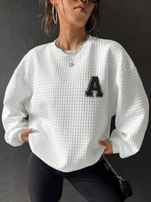 SHEIN EZwear Thư được vá Thả vai Áo nỉ - trắng - Xem 1