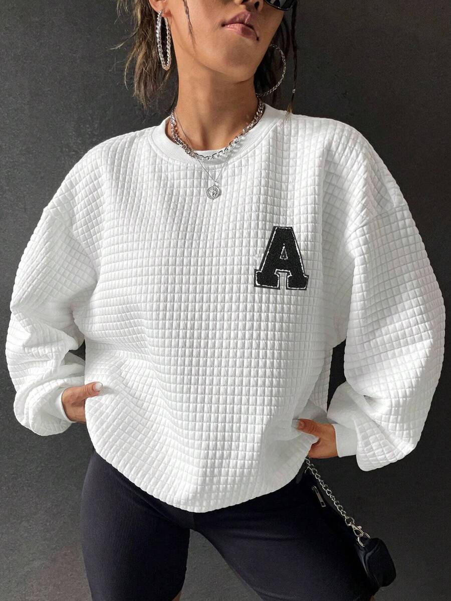 SHEIN EZwear Thư được vá Thả vai Áo nỉ - trắng - Xem 1