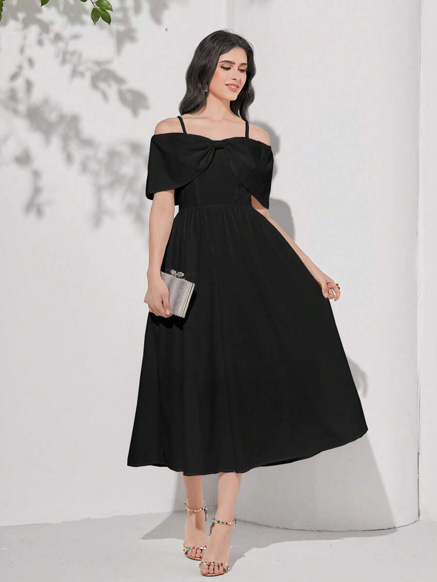 Modelyn Vai lạnh Mặt trước xoắn Đầm - màu đen - Xem 1