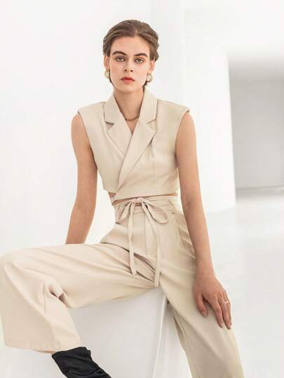 SHEIN BIZwear 十字交叉前繫帶短款馬甲西裝外套和褲子