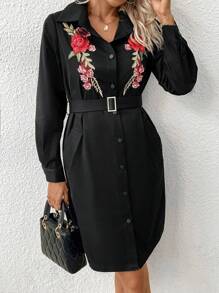 SHEIN LUNE 花卉刺繡前紐扣腰帶外套 - 黑色 - 查看 4