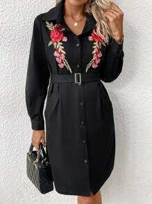 SHEIN LUNE 花卉刺繡前紐扣腰帶外套 - 黑色 - 查看 3