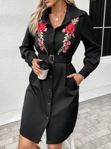 SHEIN LUNE 花卉刺繡前紐扣腰帶外套 - 黑色 - 查看 1