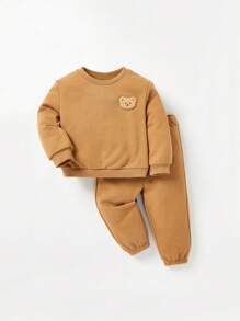 Cozy Pixies 男嬰熊貼布套頭衫和運動褲 - 駝色 - 查看 6
