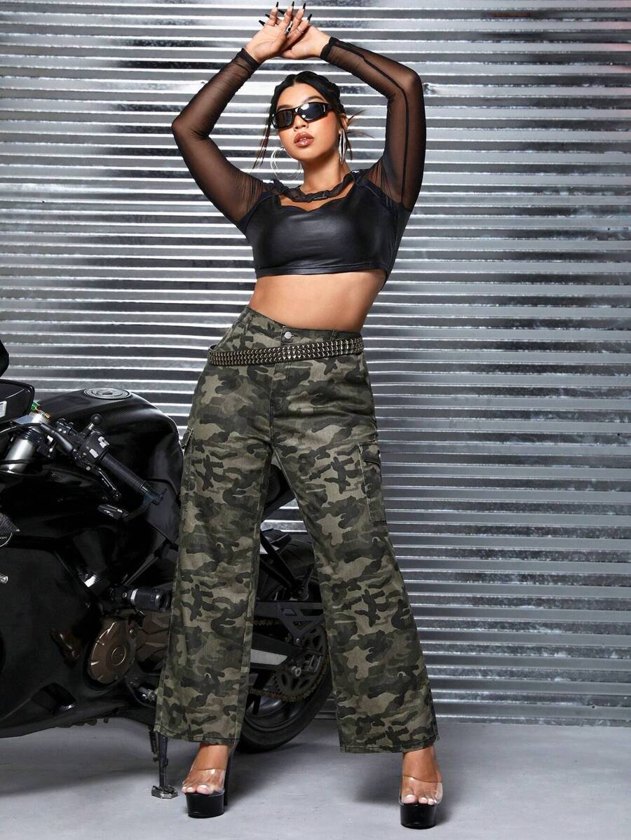 SHEIN ICON 大碼迷彩印花闊腿牛仔褲 - 彩色 - 查看 1