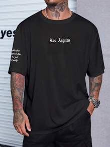 Manfinity Homme Men Plus Slogan Graphic Drop Shoulder Tee - Black - View 2