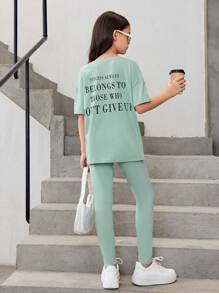 SHEIN 女大童1入組標語圖案落肩T恤和1入組緊身打底褲 - 薄荷綠 - 查看 8