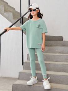 SHEIN 女大童1入組標語圖案落肩T恤和1入組緊身打底褲 - 薄荷綠 - 查看 5