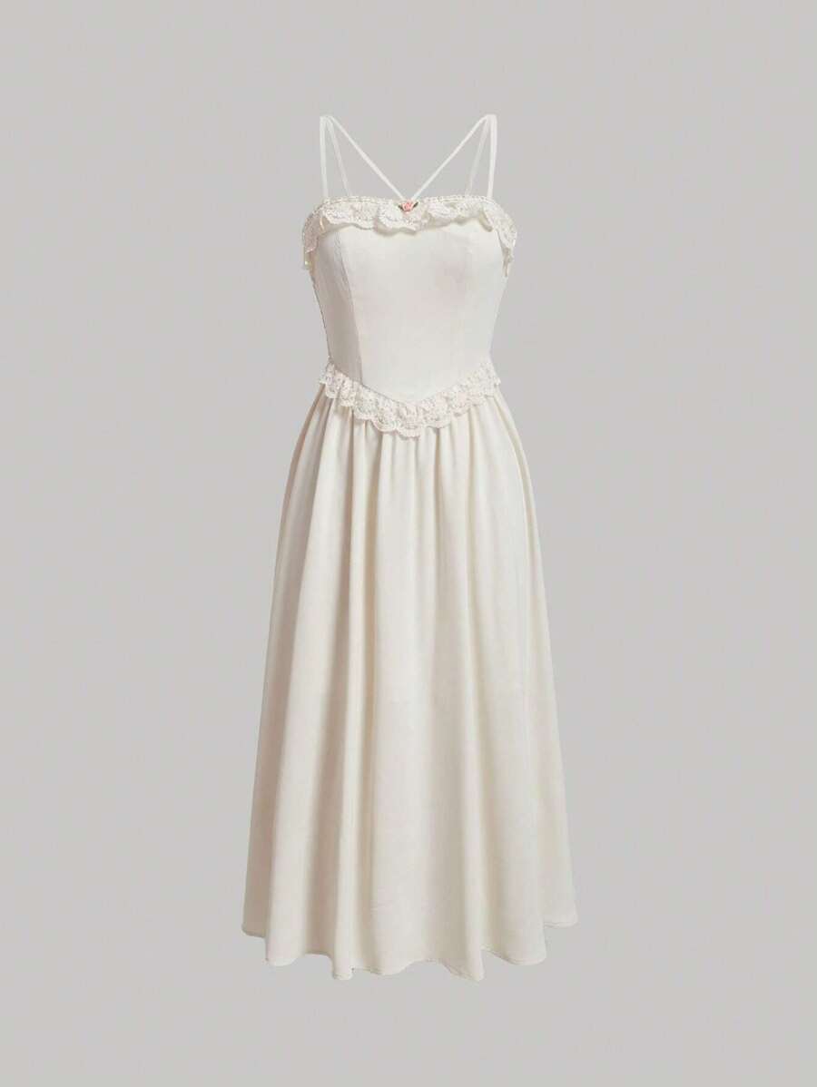 SHEIN MOD 素色網紗刺繡邊緣吊帶連衣裙 - 米色 - 查看 1