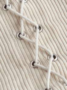 SHEIN MOD 雞心領口泡泡袖前繫帶連衣裙 - 米色 - 查看 3