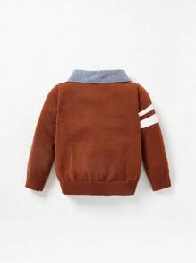 男嬰條紋圖案和菱形印花拼接領套頭毛衣 - 咖啡棕 - 查看 2