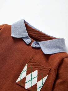 男嬰條紋圖案和菱形印花拼接領套頭毛衣 - 咖啡棕 - 查看 3