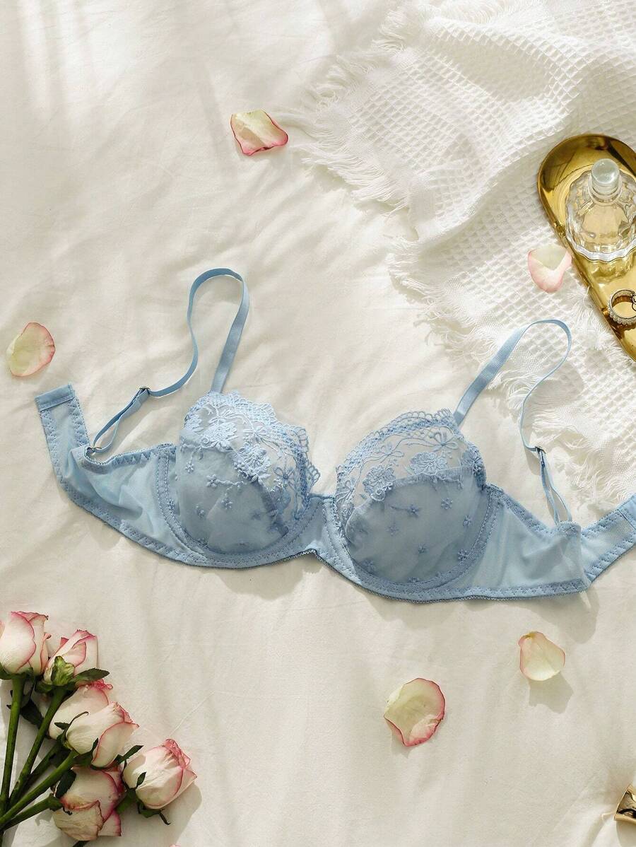 SHEIN Lencería De Sujetador Con Aros Y Encaje Floral - Azul - Ver 1