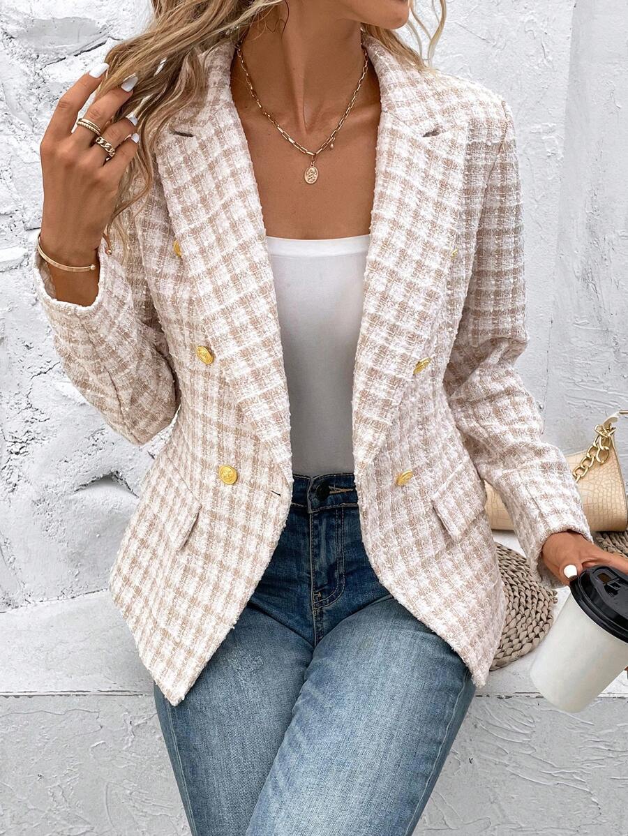 SHEIN Frenchy Plaid Pattern Double Breasted Flap Detail Blazer In Fall/Winter Elegant