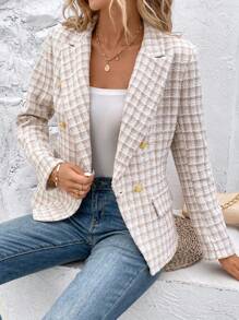 SHEIN Frenchy Plaid Pattern Double Breasted Flap Detail Blazer In Fall/Winter Elegant