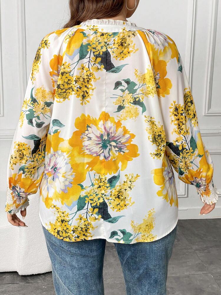 Plus Floral Print Notched Neckline Lantern Sleeve Blouse
