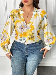 SHEIN Unity Bluse mit Blume Muster, eingekerbtem Kragen, Laternenärmeln,