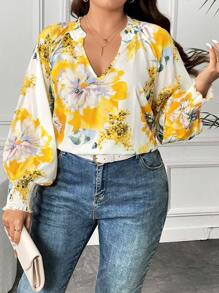 SHEIN Unity Bluse mit Blume Muster, eingekerbtem Kragen, Laternenärmeln,