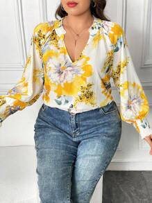 SHEIN Unity Bluse mit Blume Muster, eingekerbtem Kragen, Laternenärmeln,