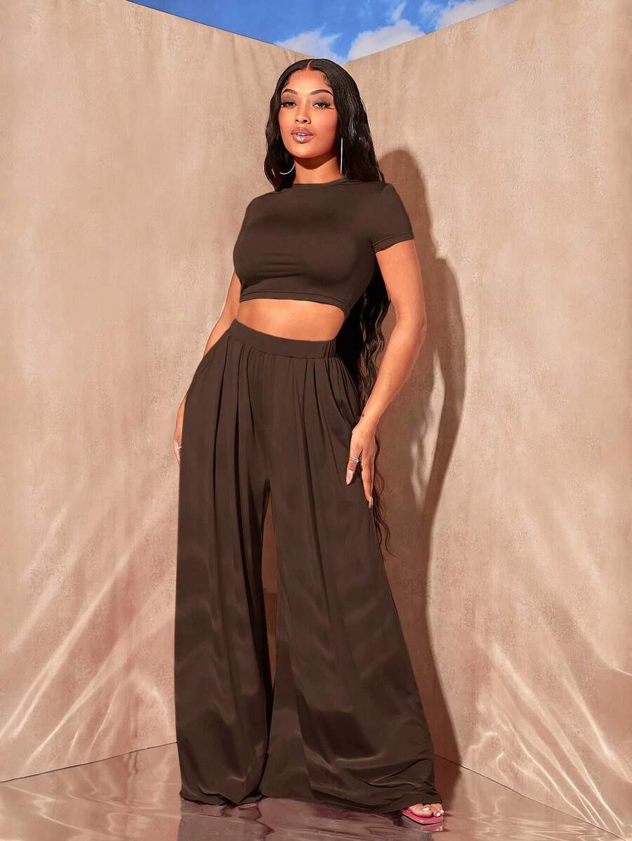 SHEIN SXY Summer;Solid Crop Tee & Wide Leg Pants - Chocolate Brown - View 1
