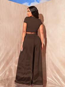 SHEIN SXY Summer;Solid Crop Tee & Wide Leg Pants - Chocolate Brown - View 2