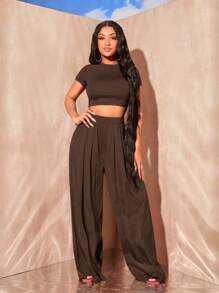 SHEIN SXY Summer;Solid Crop Tee & Wide Leg Pants - Chocolate Brown - View 4
