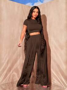SHEIN SXY Summer;Solid Crop Tee & Wide Leg Pants - Chocolate Brown - View 5