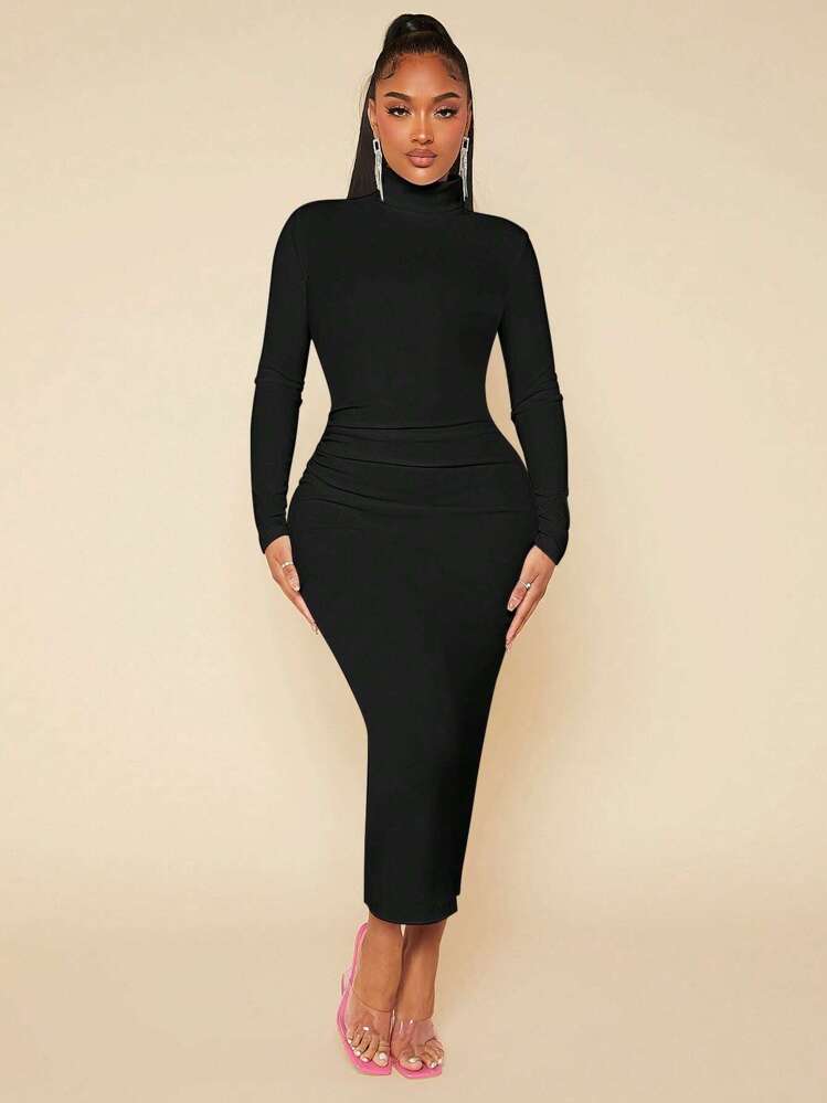 shein sxy solid maxi bodycon dress SHEIN Apricot Solid Maxi Bodycon Dress Women's Long Sleeve Slim Fit Scoop Neck Knitted Fabric Pencil Hem Mid Waist Elegant Vacation Spring F,L