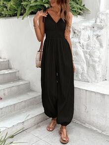 SHEIN VCAY 素色肩上打結吊帶連體褲 - 黑色 - 查看 3